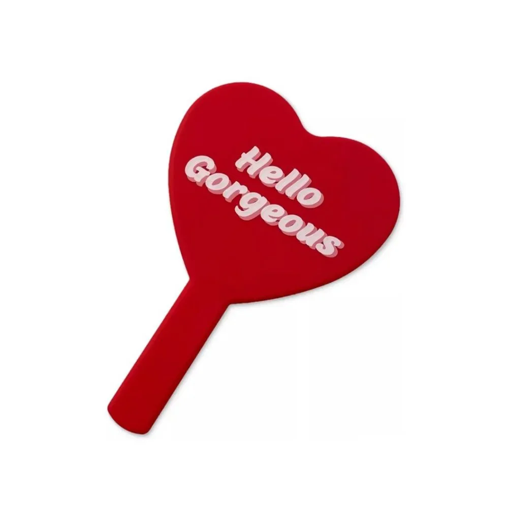 Hello Gorgeous Red White Heart Mirror ,Handheld Glass,Boxed,6.5 x 4.75 in-NEW